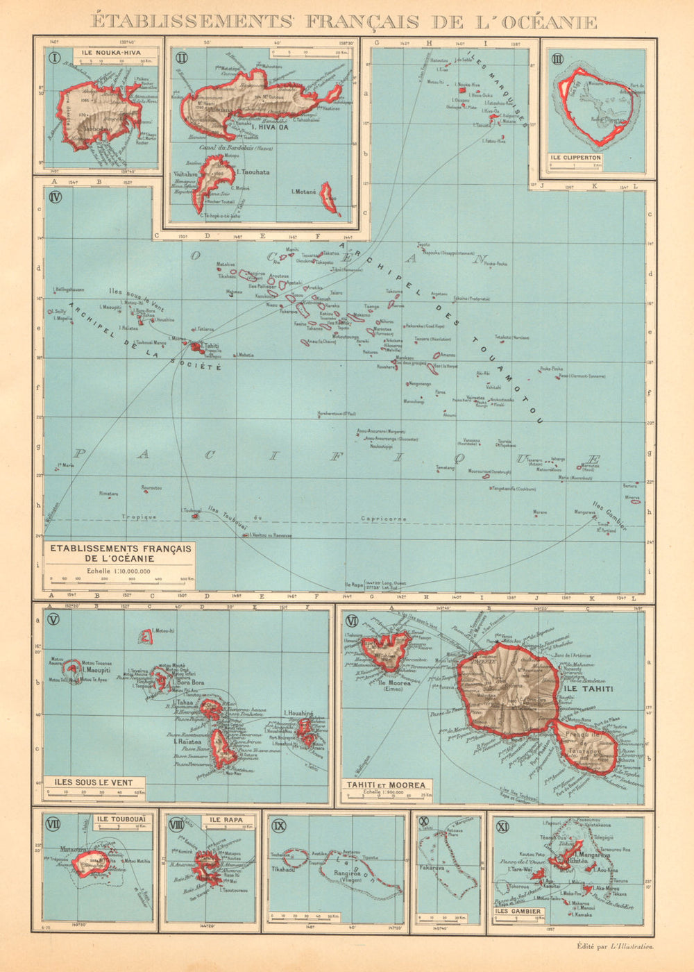 FRENCH POLYNESIA. Polynésie française. Tahiti Moorea Nuka Hiva Oa 1938 old map