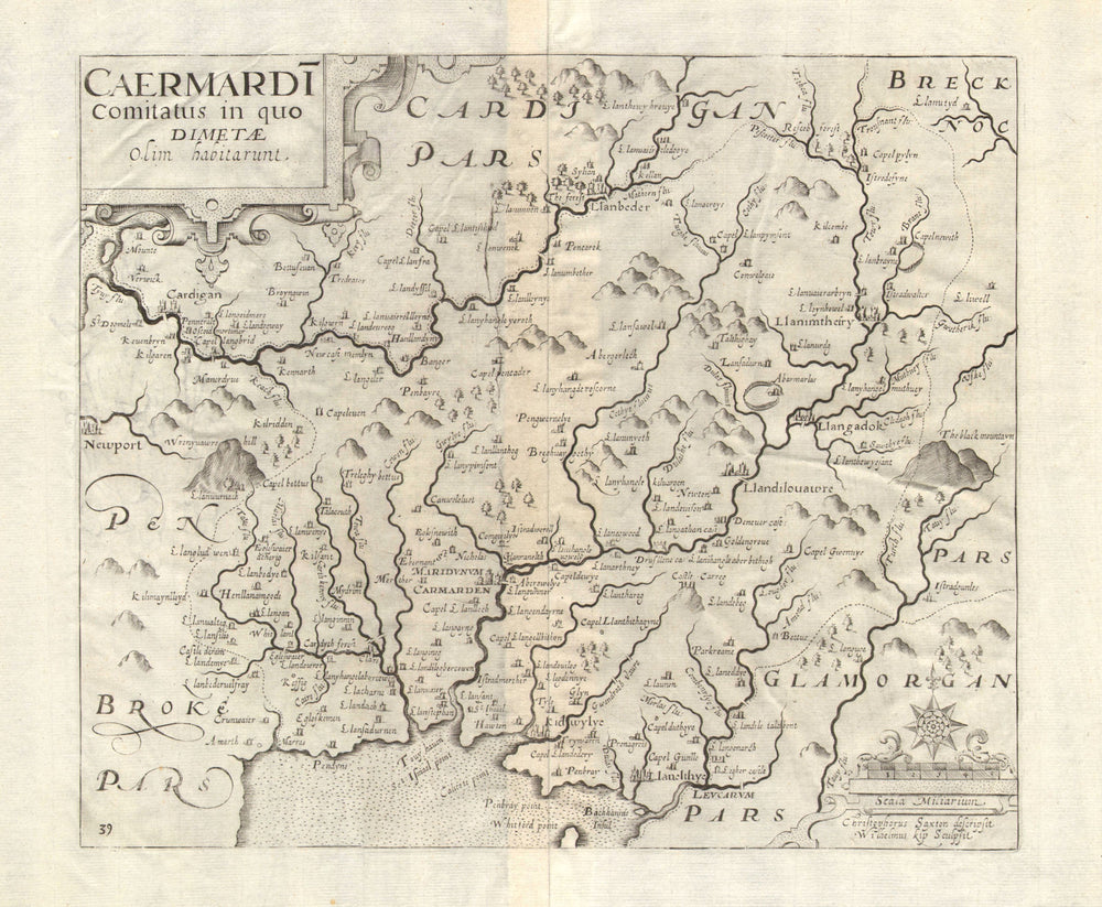 CARMARTHENSHIRE. 'Caermardi comitatus in quo dimetae...'. SAXTON/KIP 1637 map