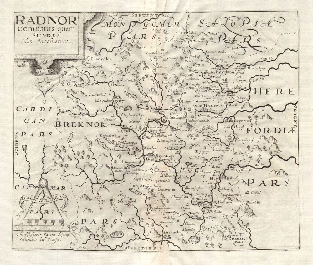 RADNORSHIRE. 'Radnor comitatus quem silvres...'. SAXTON/KIP 1637 old map