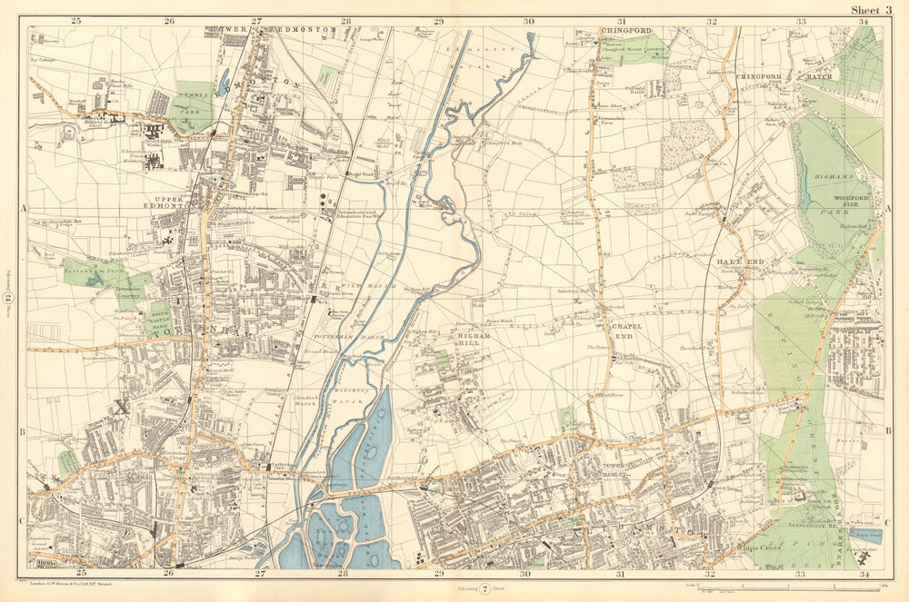 TOTTENHAM WALTHAMSTOW EDMONTON Chingford Hale End Epping Forest. BACON  1903 map