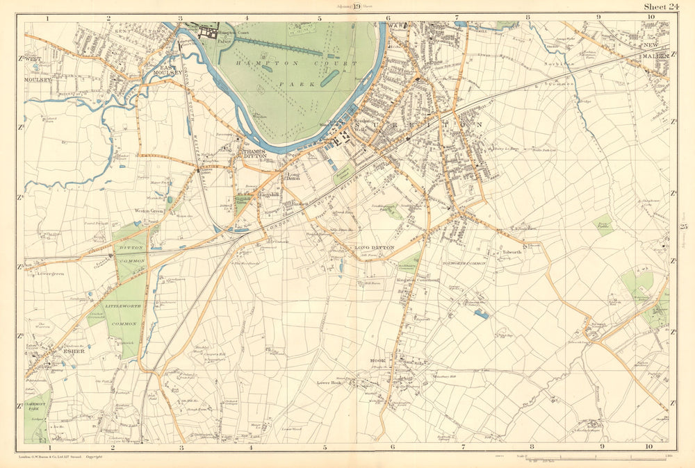 SURBITON & ESHER Hampton Court East Molesey Thames Ditton Hook. BACON  1903 map