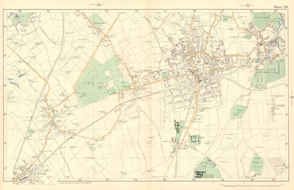 SUTTON Cheam Epsom Belmont Carshalton Ewell Banstead Downs. BACON  1903 map