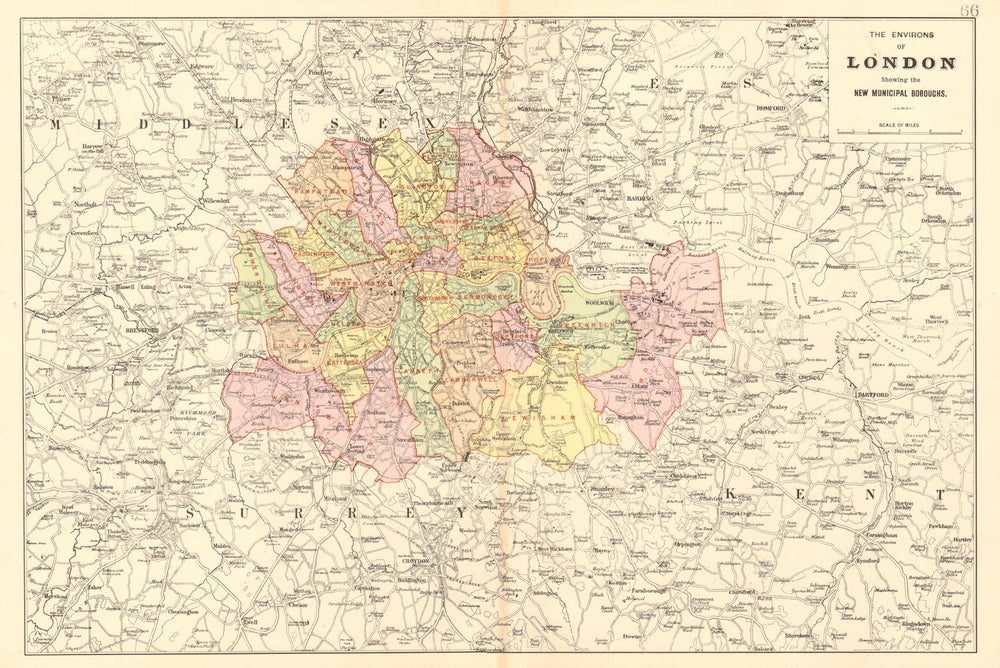 GREATER LONDON ENVIRONS. Showing new Municipal Boroughs. BACON 1903 old map