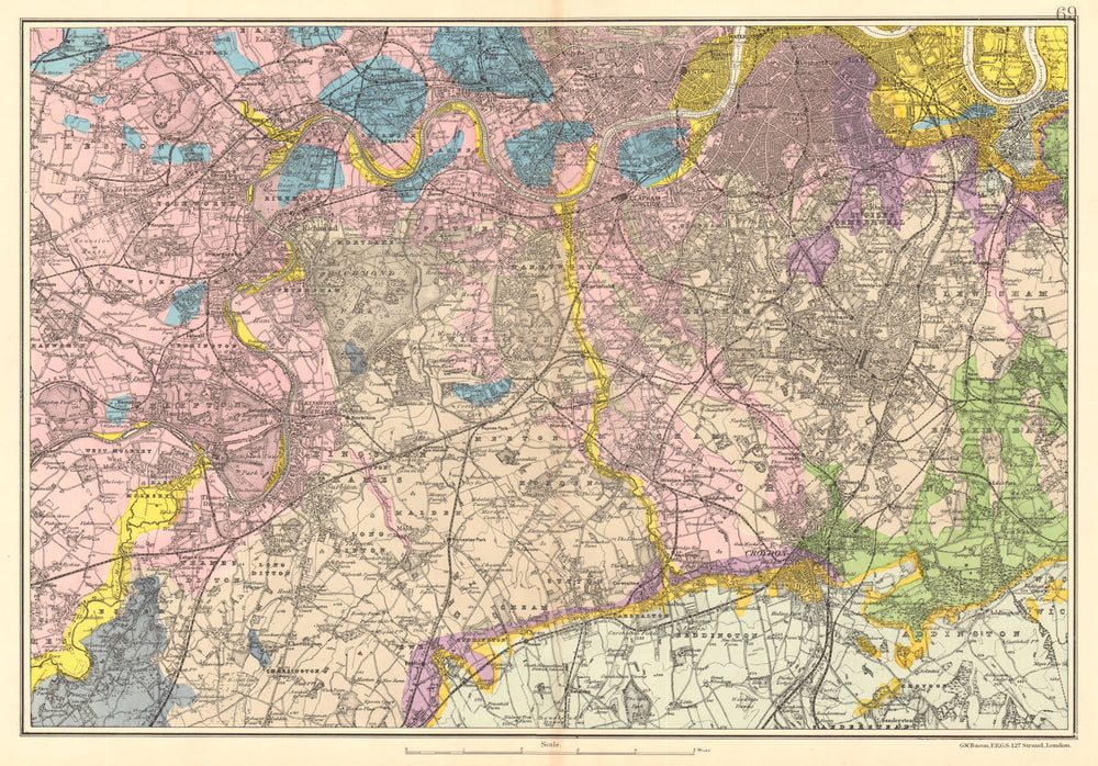 SW LONDON GEOLOGICAL K&C Fulham Surrey Richmond Wandsworth &c. BACON 1903 map