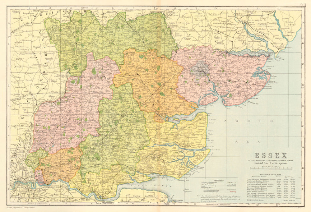 ESSEX county map. Parliamentary constituencies divisions. Railways. BACON 1903