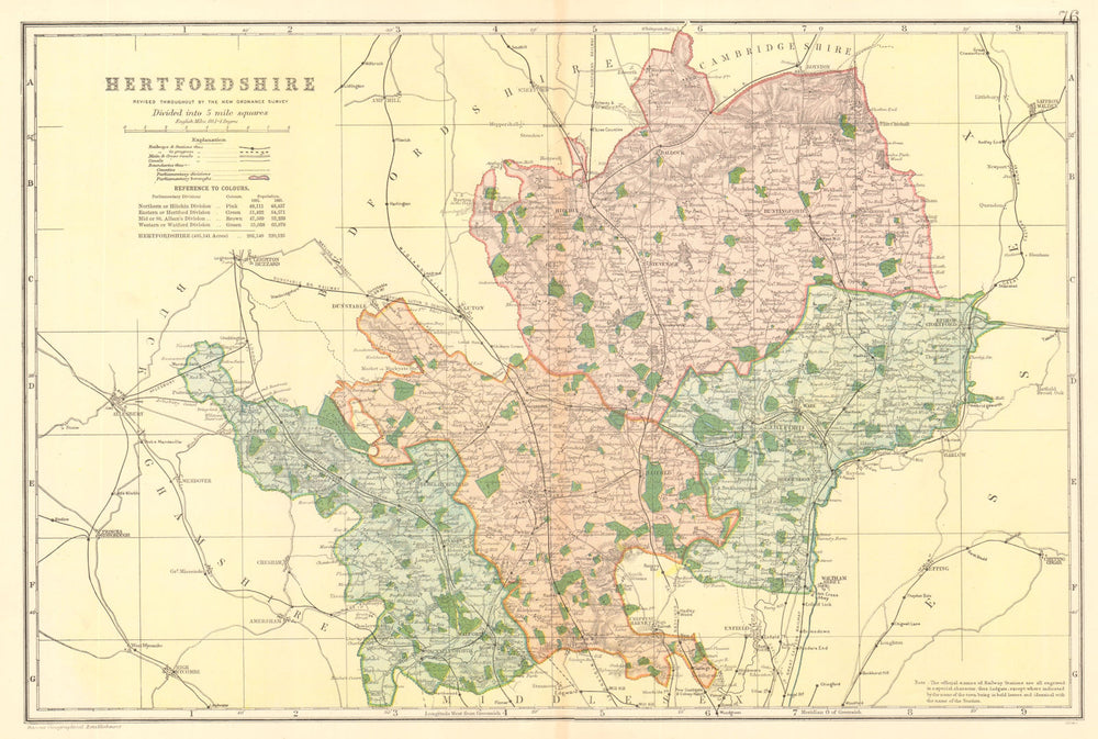 HERTFORDSHIRE county map. Parliamentary constituencies. Railways. BACON 1903