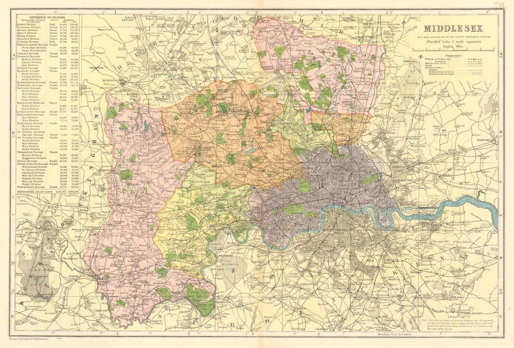 MIDDLESEX & LONDON county map.Parliamentary constituencies.Railways.BACON 1903