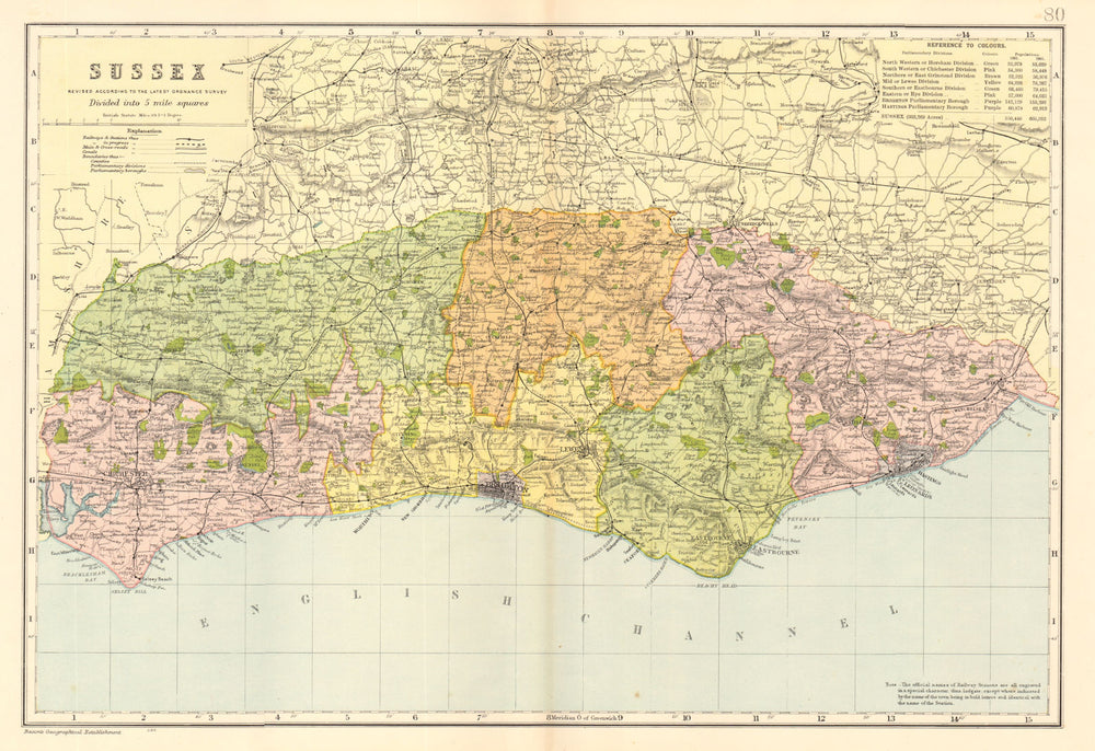 SUSSEX county map. Parliamentary constituencies divisions. Railways. BACON 1903