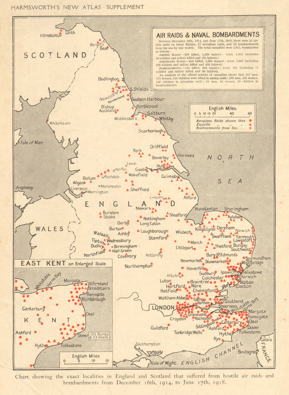 First World War 'Air Raids & Naval Bombardments' 1914-1918. HARMSWORTH 1920 map