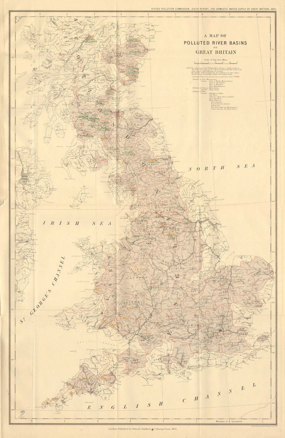 'Polluted River Basins of Great Britain'. Pollution. STANFORD 1874 old map