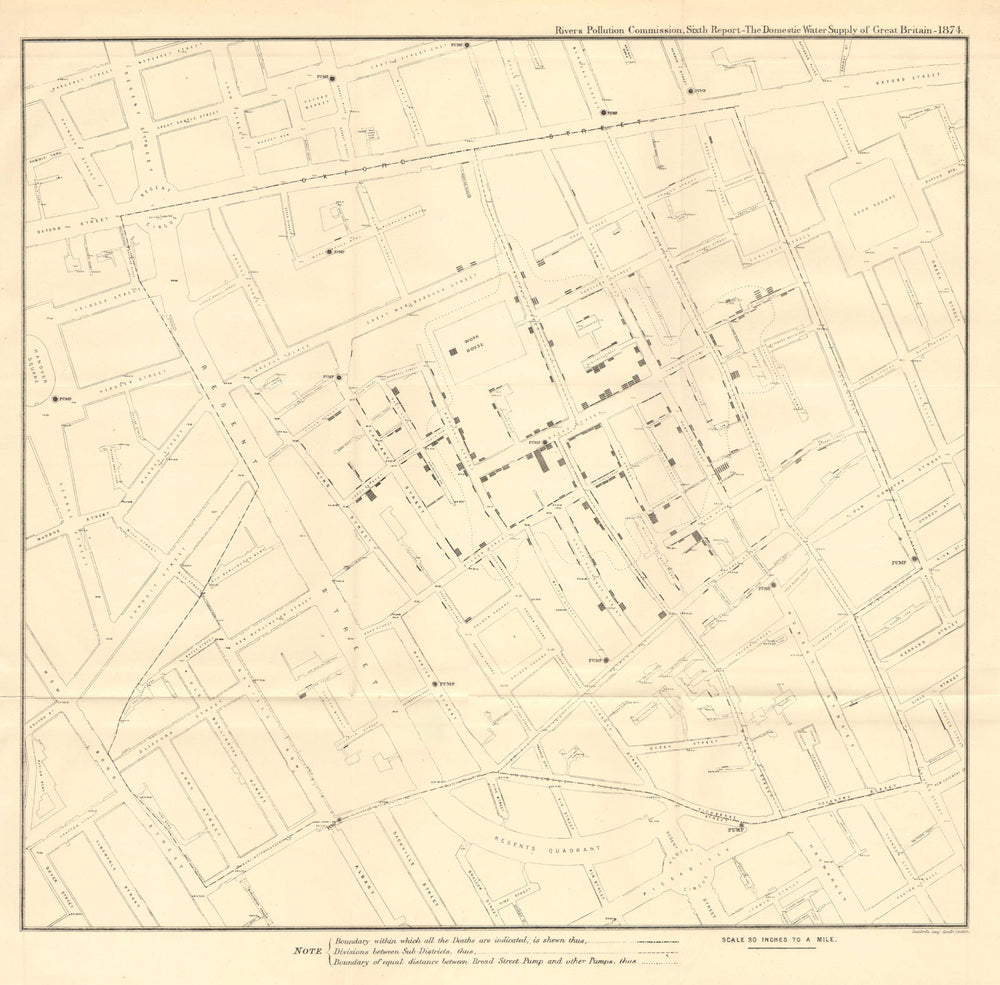 1854 Broad Street Cholera Outbreak, Soho, London by Dr John Snow 1874 old map