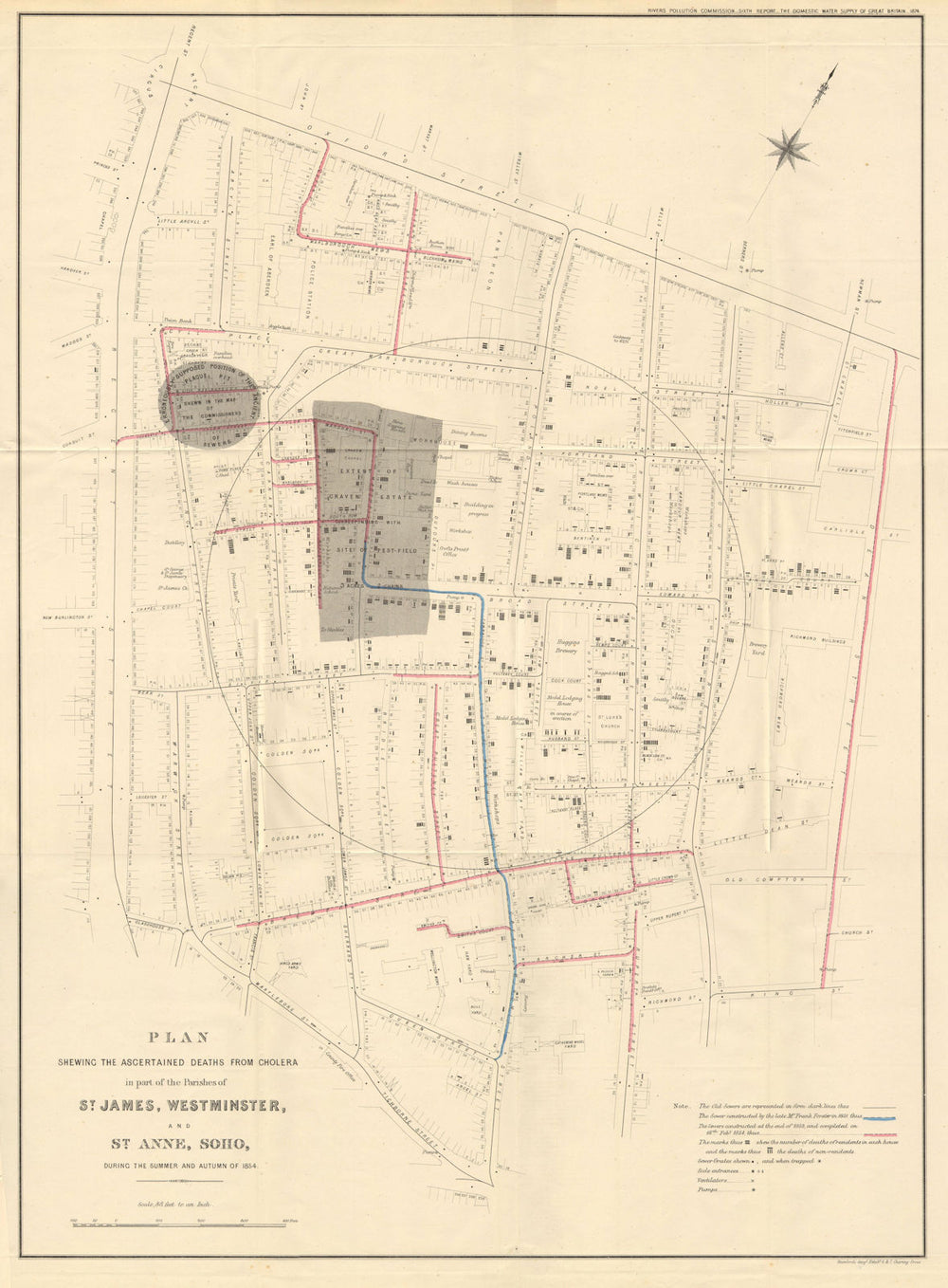 "Deaths From Cholera" outbreak in Soho, London in 1854. JOHN SNOW 1874 old map