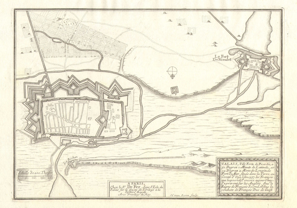 'Calais' town/city plan. Fort de Nieulet. Le Risban. DE FER 1705 old map