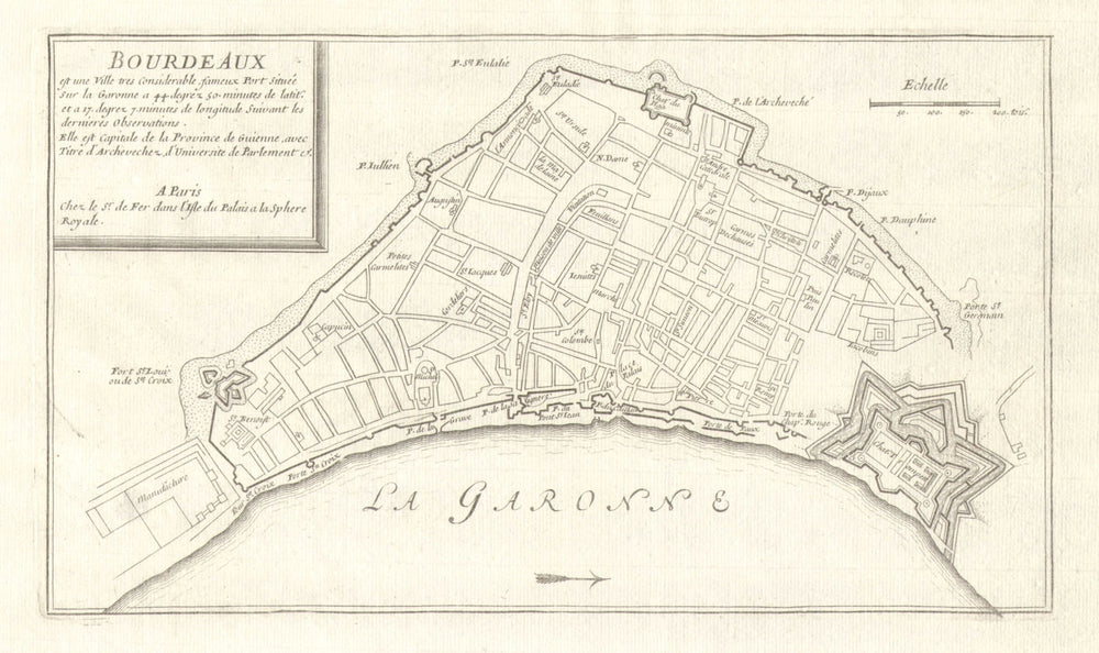 'Bourdeaux'. Fortifed town/city plan. Bordeaux, Gironde. DE FER 1705 old map