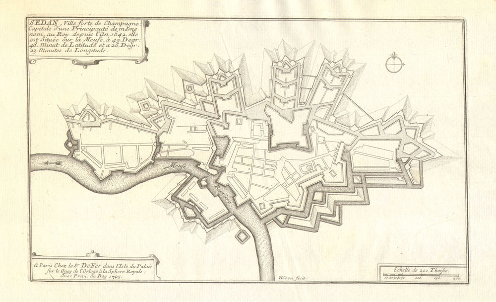 Sedan. Plan of town/city & fortifications. Ardennes. DE FER 1705 old map