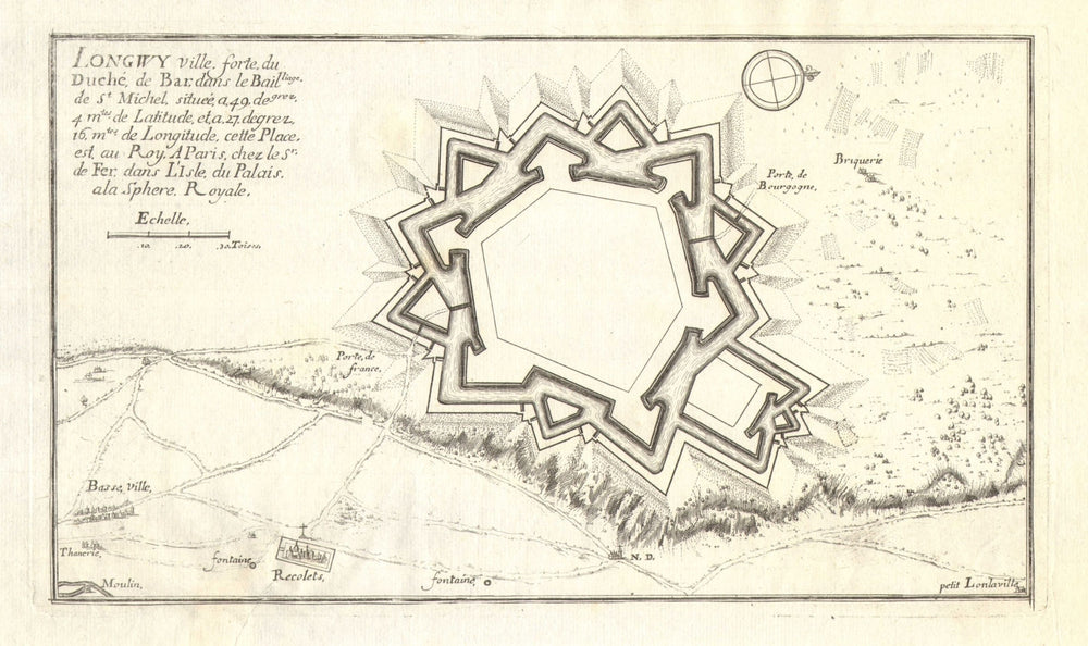 'Longwy'. Fortifed town/city plan. Meurthe-et-Moselle. DE FER 1705 old map