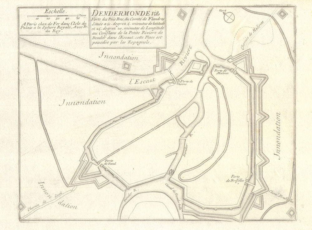 Dendermonde. Plan of town/city & fortifications. Belgium. DE FER 1705 old map
