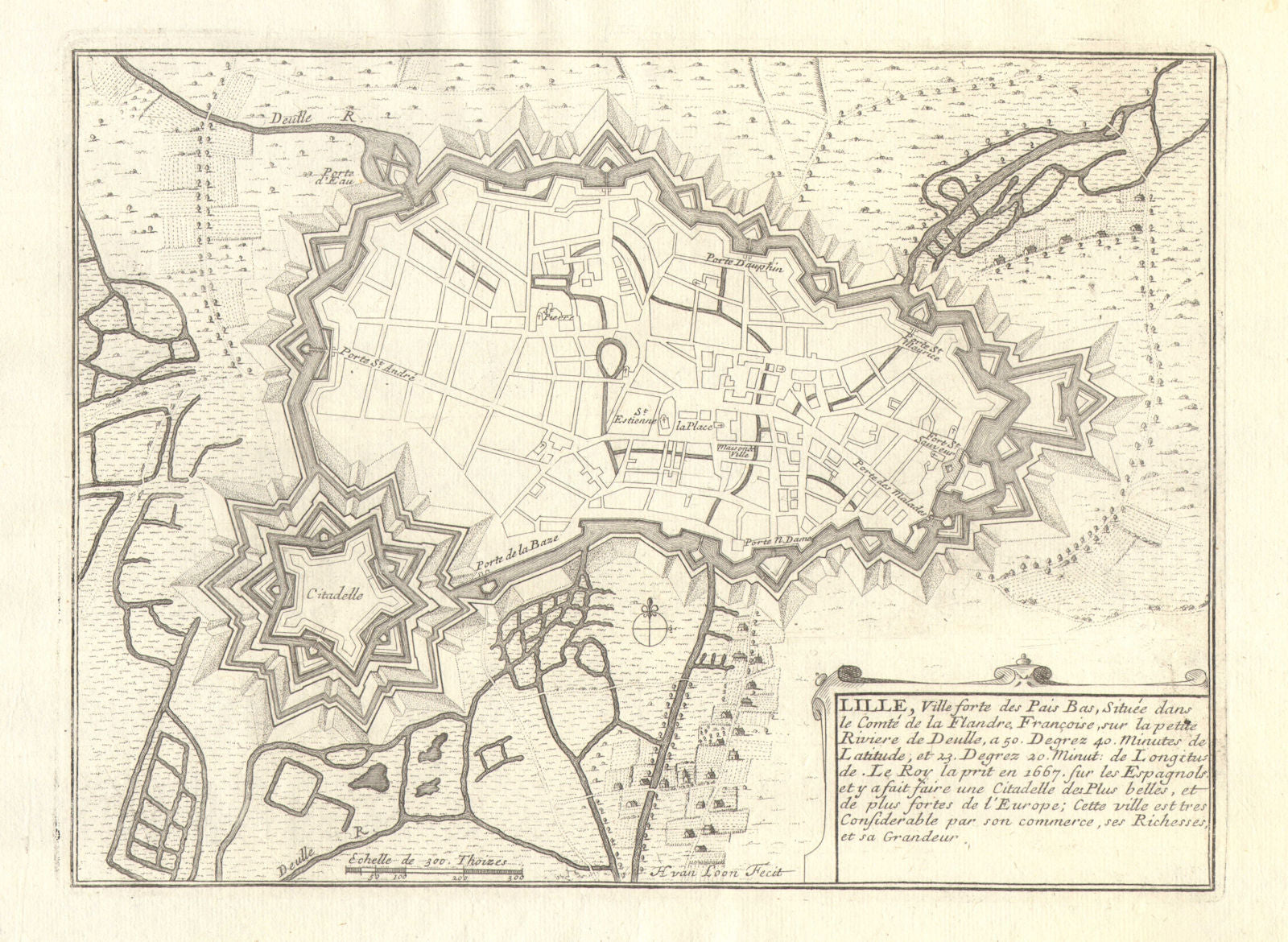 Lille. Plan of town/city & fortifications. Nord. DE FER 1705 old ...