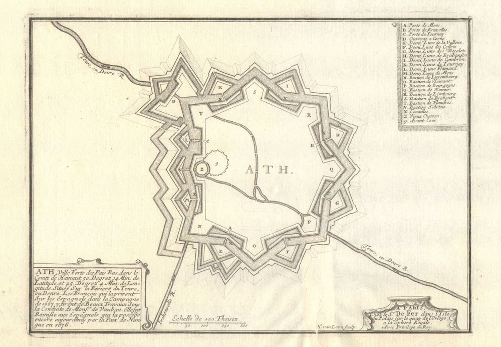 Ath, Belgium. Plan of town/city & fortifications. DE FER 1705 old antique map
