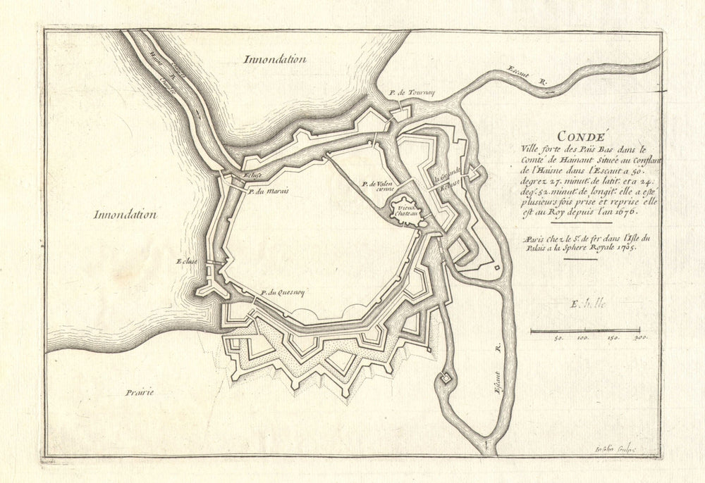 Condé-sur-l'Escaut. Plan of town/city & fortifications. Nord. DE FER 1705 map