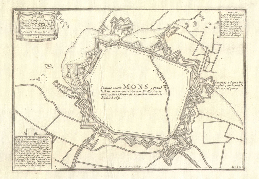 'Comme estoit Mons…' en 1691. Siege of Mons. Town/city plan. DE FER 1705 map
