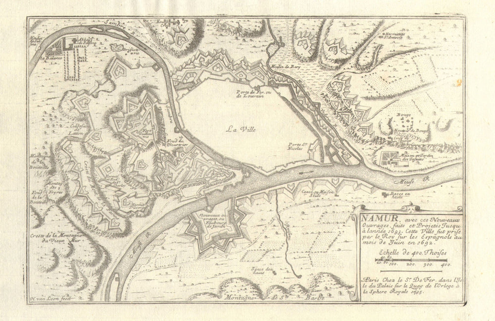 'Namur, avec ces nouveaux ouvrages…'. Town/city plan in 1693. DE FER 1705 map