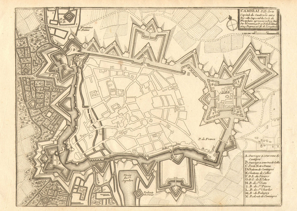 Cambrai. Plan of town/city & fortifications. Nord. DE FER 1705 old antique map