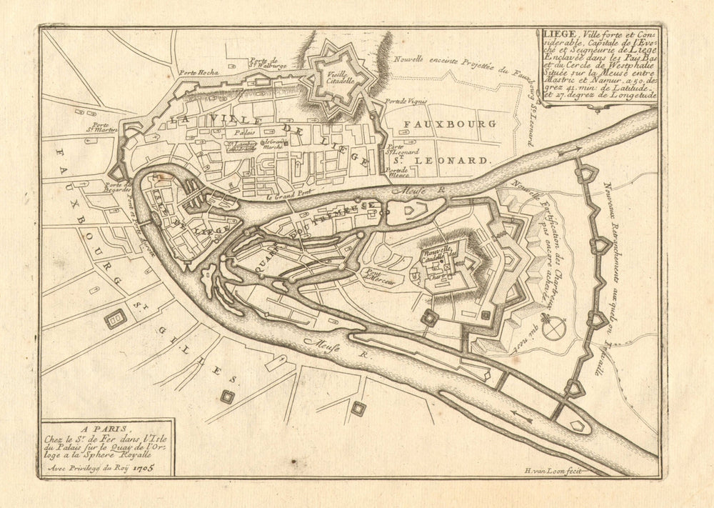 'Liege'. Liège. Plan of town/city & fortifications. Belgium. DE FER 1705 map