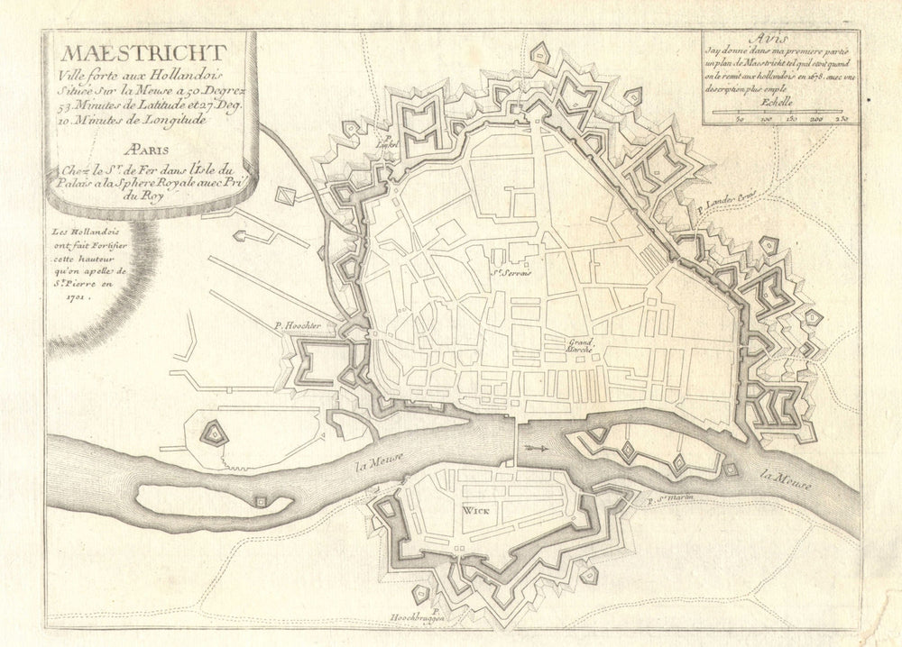 'Maestricht, ville forte aux Hollandois'. Maastricht town plan. DE FER 1705 map