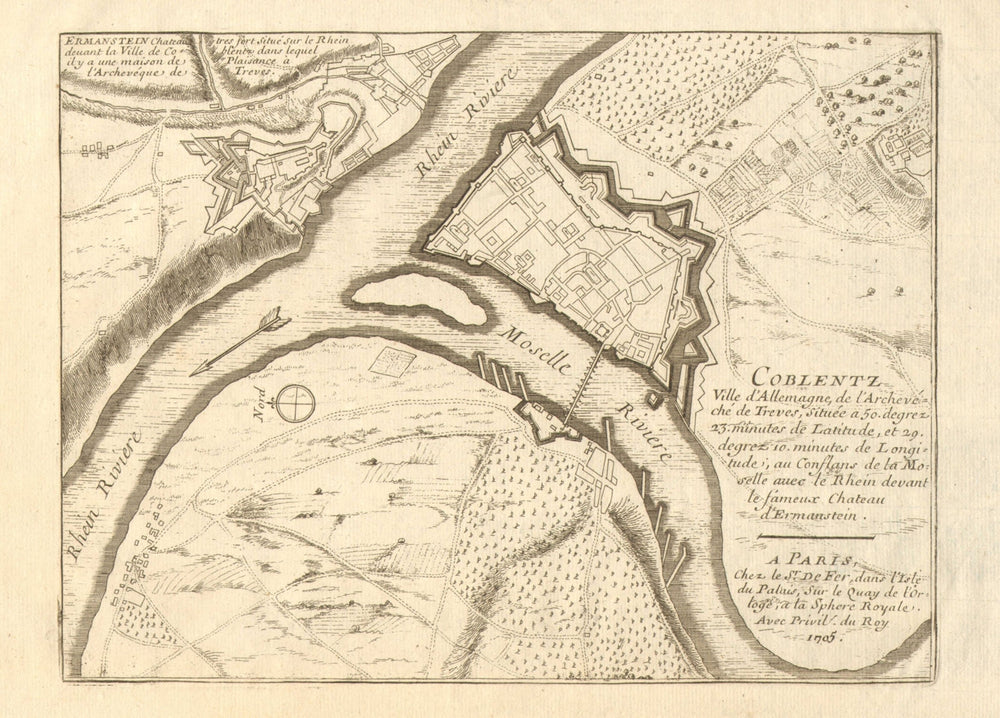 'Coblentz'. Koblenz Coblenz. Fortified town/city plan. Germany. DE FER 1705 map