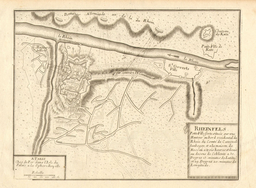 Plan of Rheinfels Castle, St Goar & Burg Katz. Germany. DE FER 1705 old map