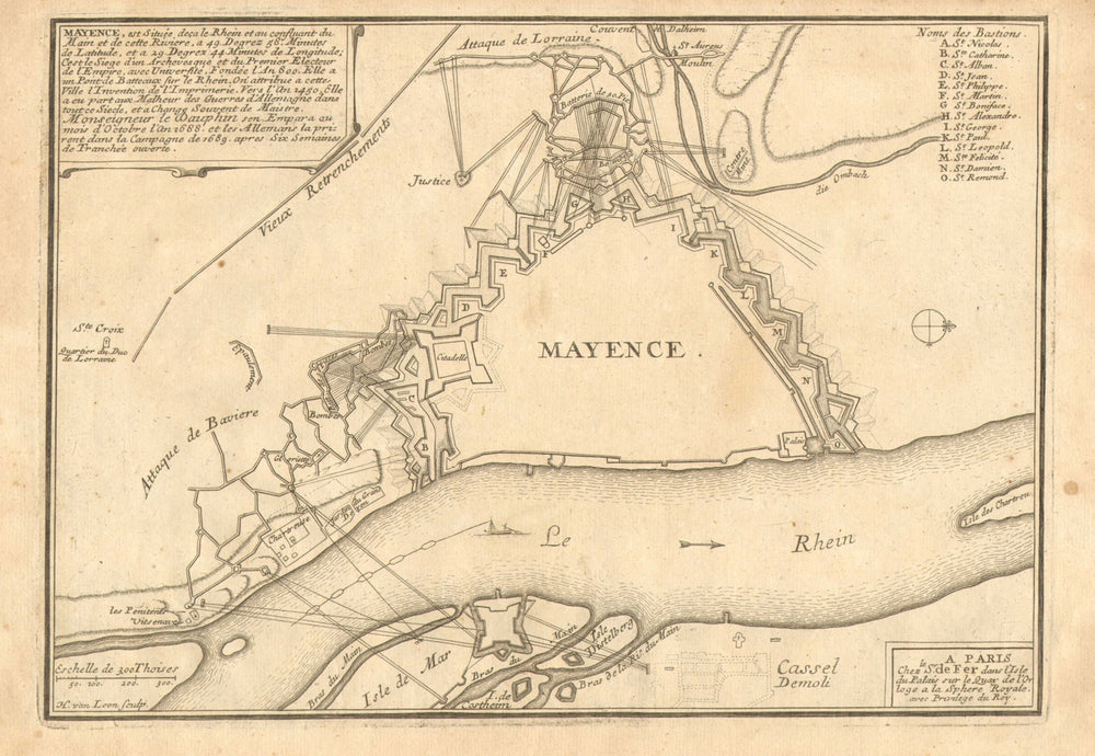 'Mayence'. Mainz. Plan of town/city & fortifications. Germany. DE FER 1705 map