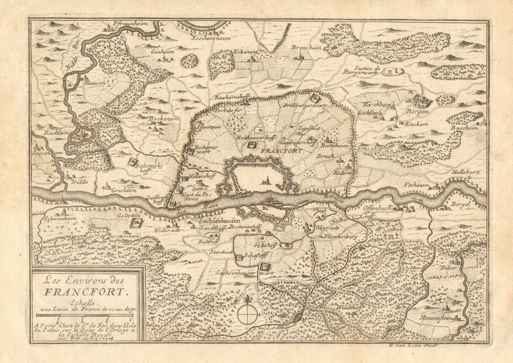 'Les environs des Francfort'. Frankfurt am Main. Hessen. DE FER 1705 old map