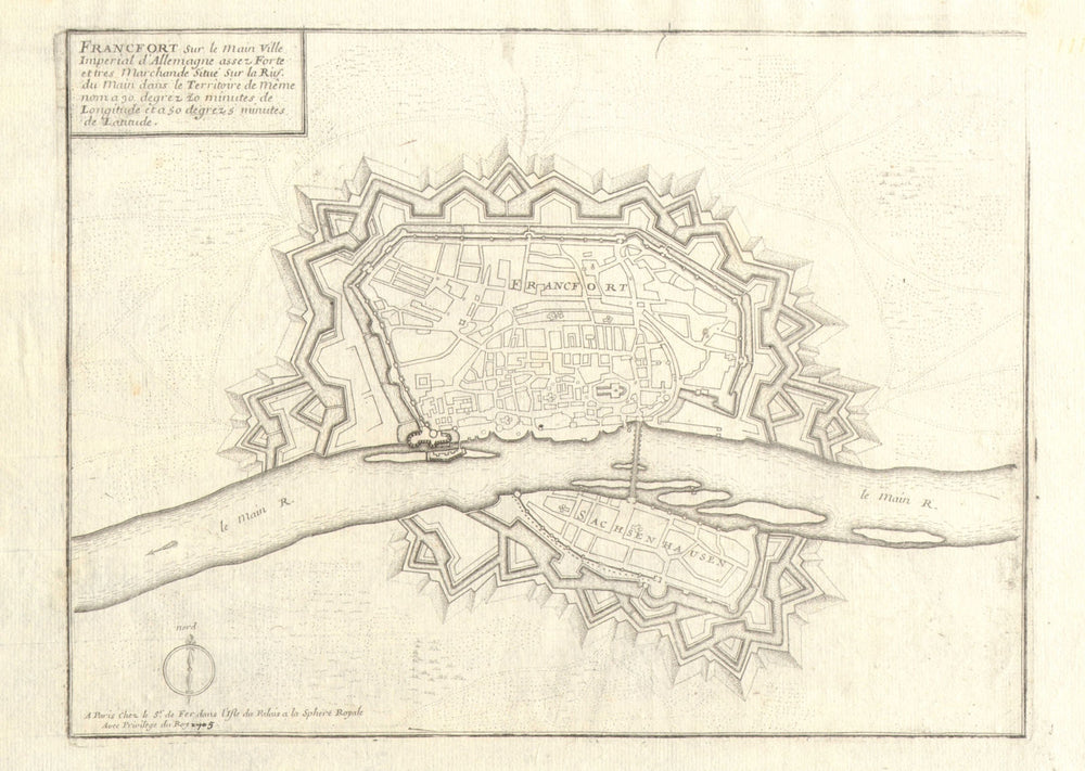 'Francfort'. Frankfurt am Main. Fortified town/city plan. DE FER 1705 old map