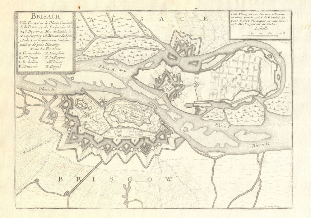 'Brisach'. Breisach. Fortifed town/city plan. Germany. DE FER 1705 old map