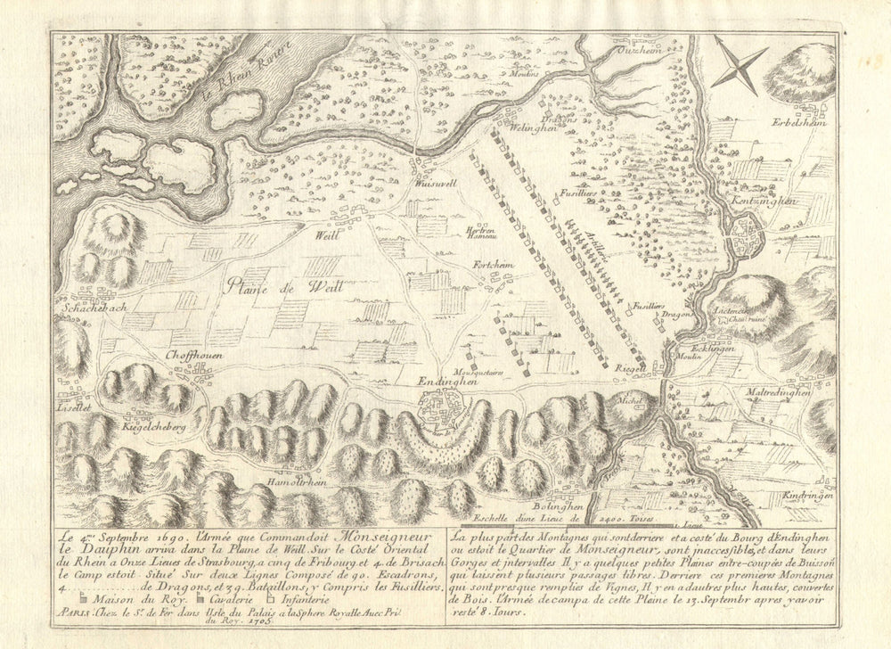 The Dauphin's army, Whyl/Weill Plain, 1690. Kenzingen, Endingen. DE FER 1705 map