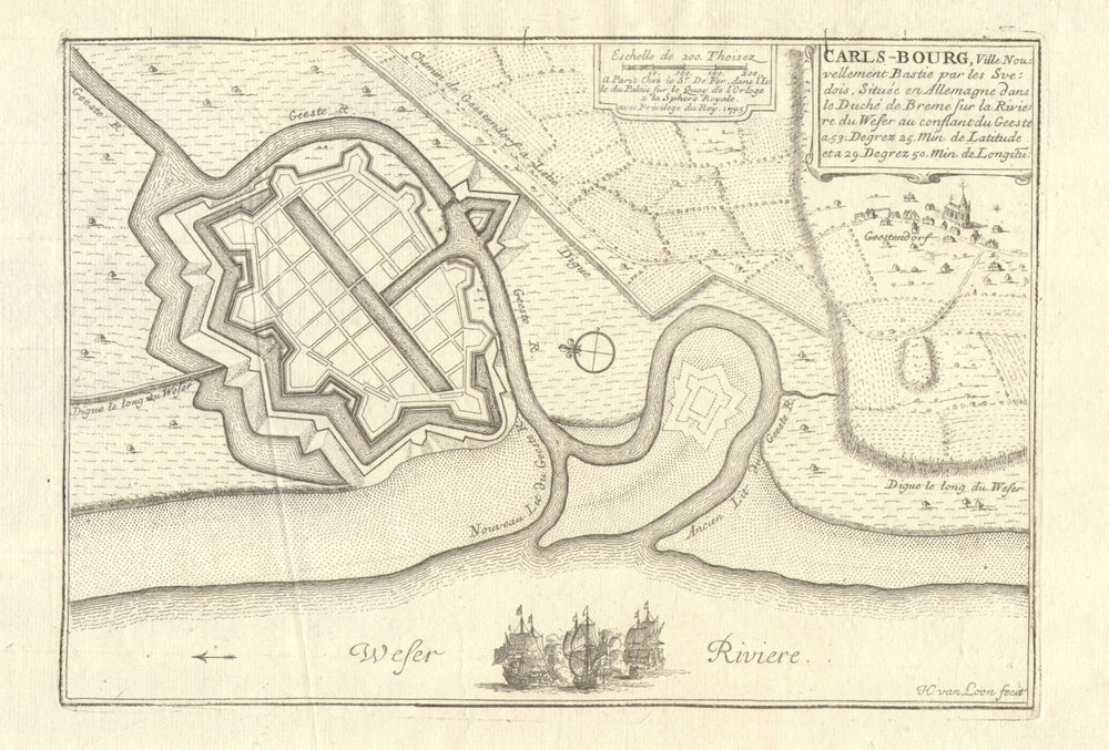 'Carls-Bourg', now Bremerhaven. Carlsburg town/city plan. DE FER 1705 old map
