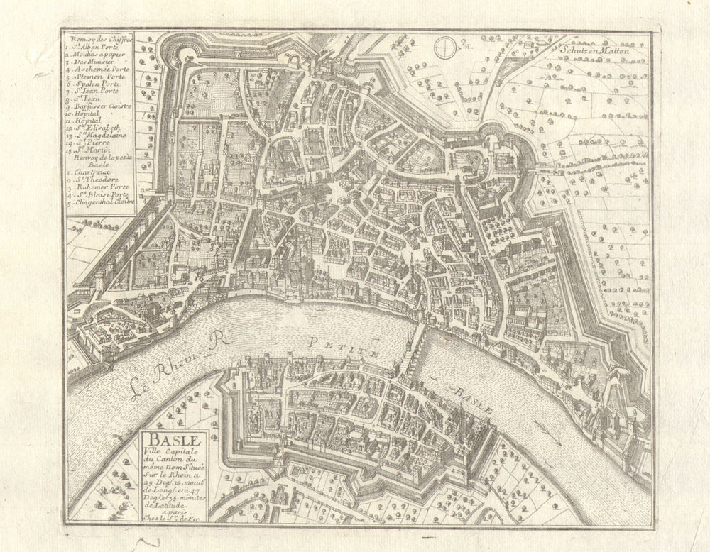 'Basle'. Basel. Plan of town/city & fortifications. Switzerland. DE FER 1705 map