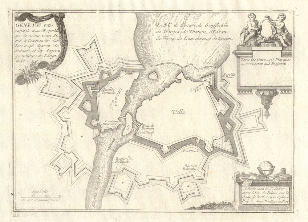 'Geneve'. Geneva Genève Genf town/city plan. Switzerland. DE FER 1705 old map