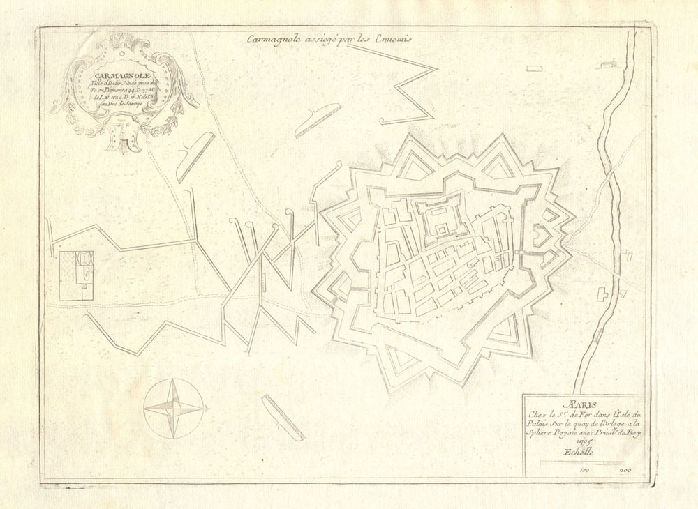 'Carmagnole'. Carmagnola. Fortifed town/city plan. Italy. DE FER 1705 old map
