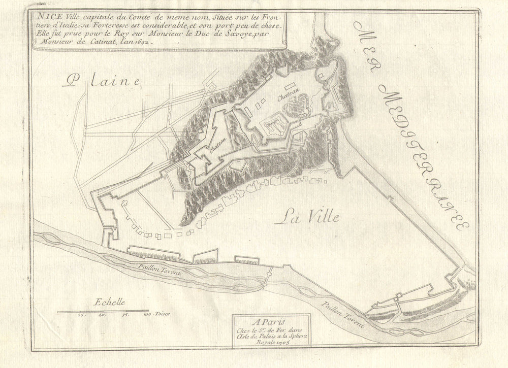 Nice. Plan of town/city & fortifications. Alpes Maritimes. DE FER 1705 old map