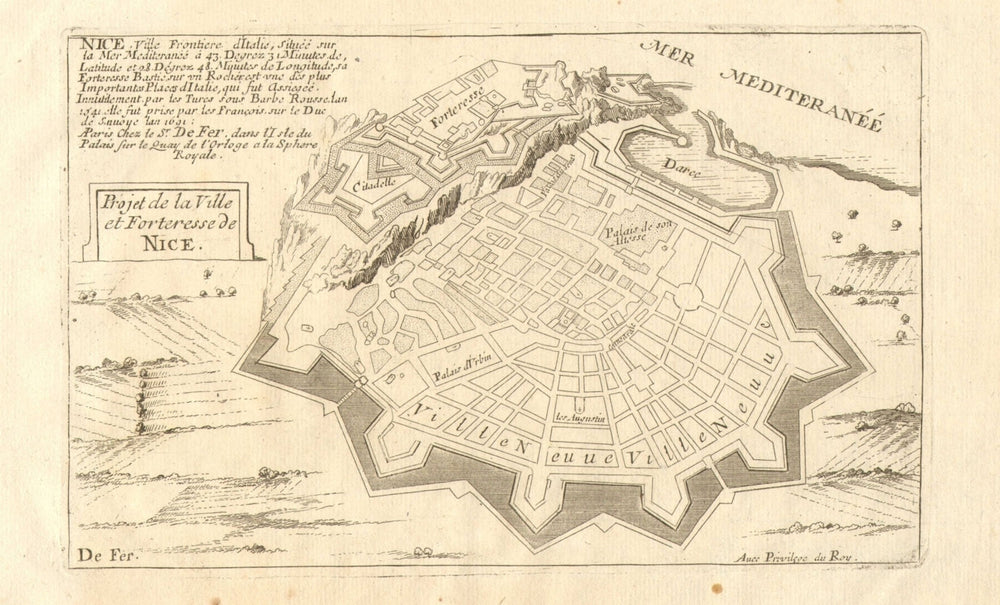 'Ville et forteresse de Nice', Alpes-Maritimes. Planned defences.DE FER 1705 map