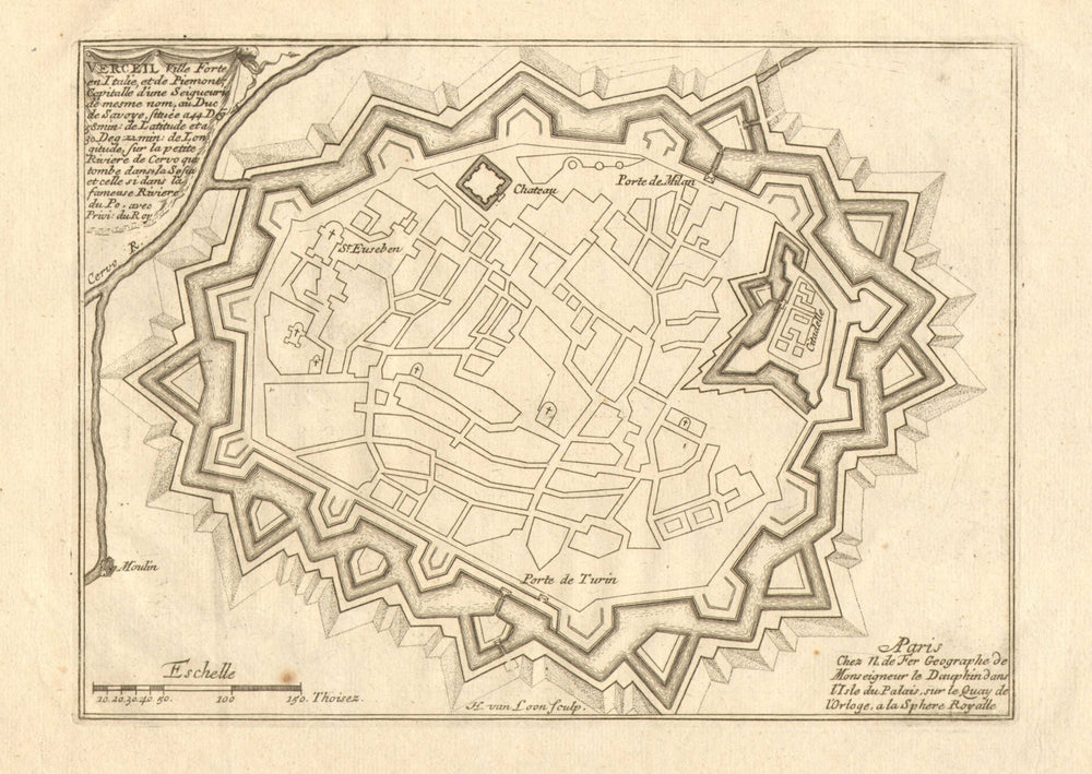 'Verceil'. Vercelli. Plan of town/city & fortifications. Italy. DE FER 1705 map