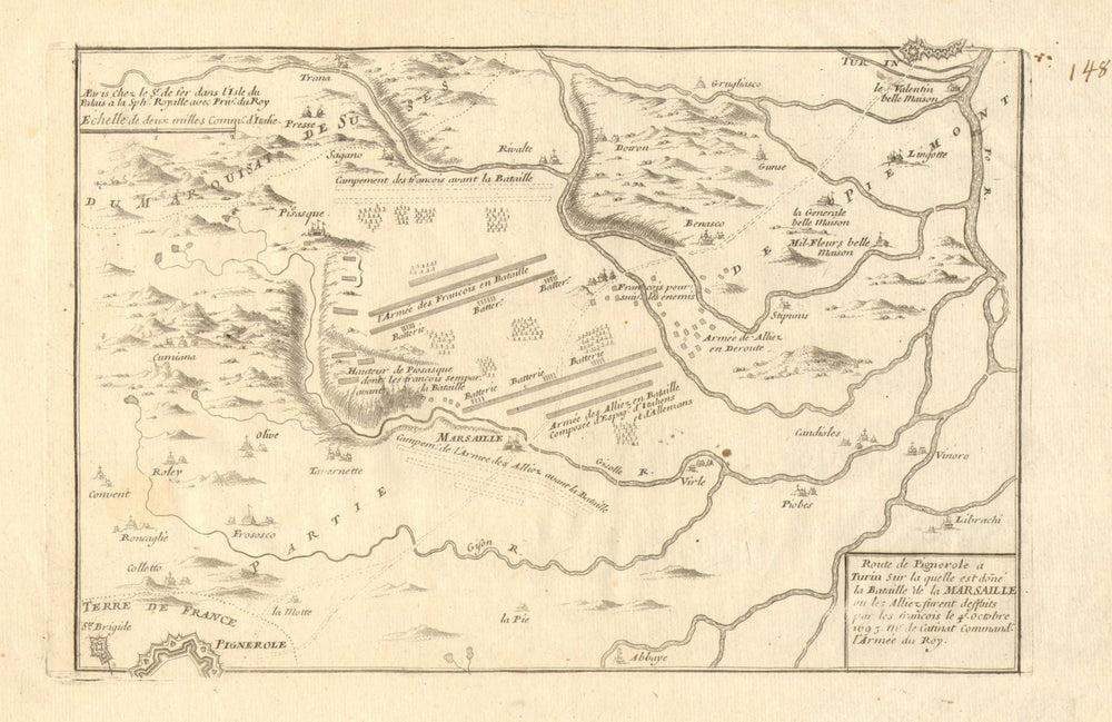 'Route de Pignerole a Turin'. Pinerolo. Battle of Marsaglia 1693 DE FER 1705 map