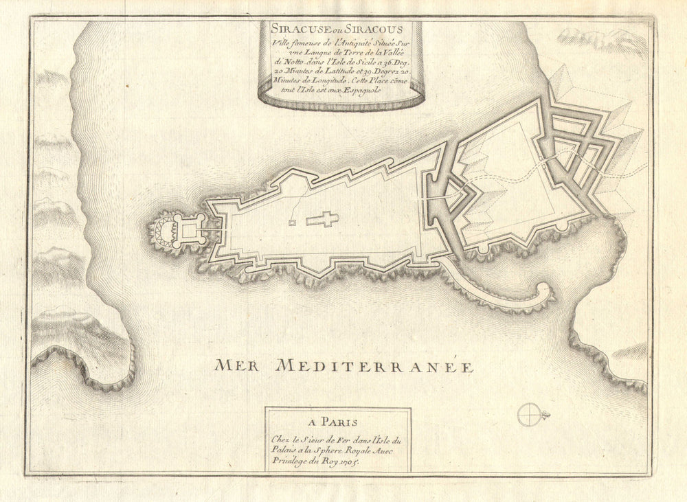 'Siracuse ou Siracous'. Syracuse Siracusa town/city plan. Italy. DE FER 1705 map