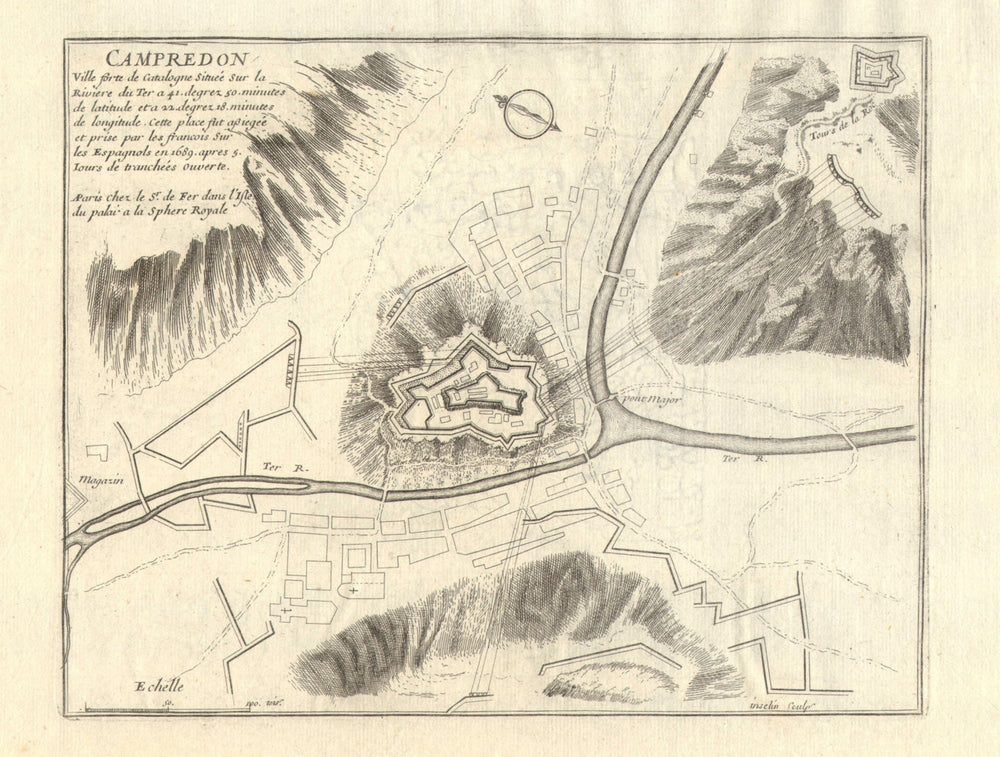 'Campredon'. Camprodon. Fortifed town/city plan. Spain. DE FER 1705 old map