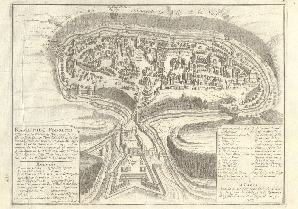 'Kamieniec Podolski'. Kamianets-Podilskyi town plan. Ukraine. DE FER 1705 map