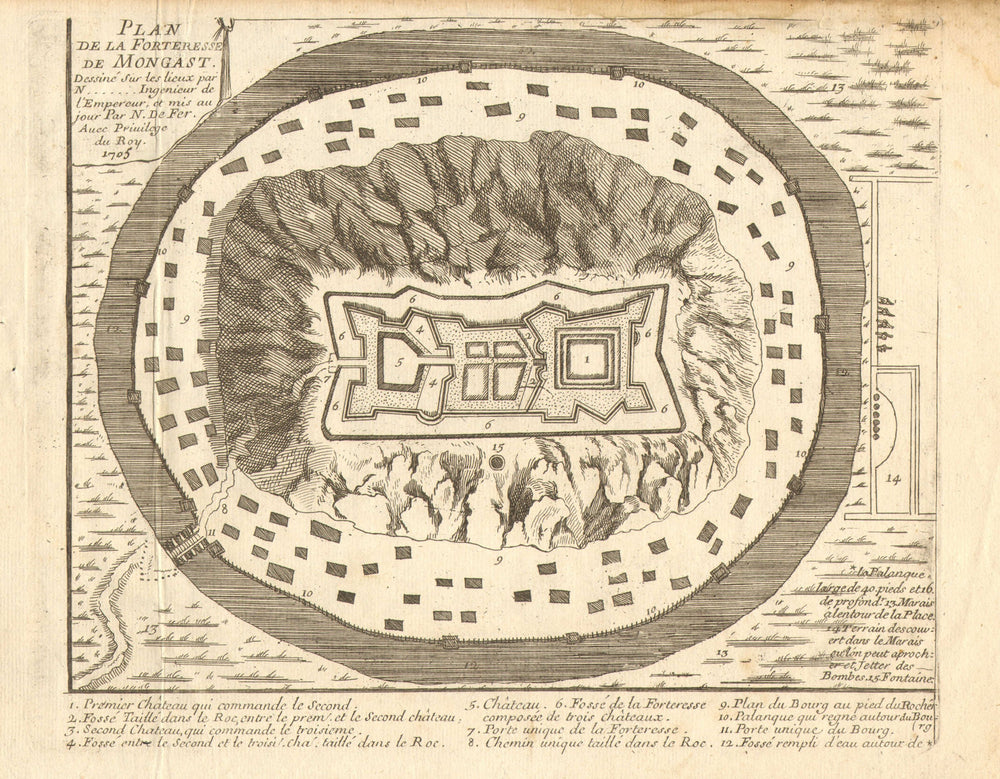 'Forteresse de Mongast'. Munkács Vára Mukachevo Castle. Ukraine. DE FER 1705 map