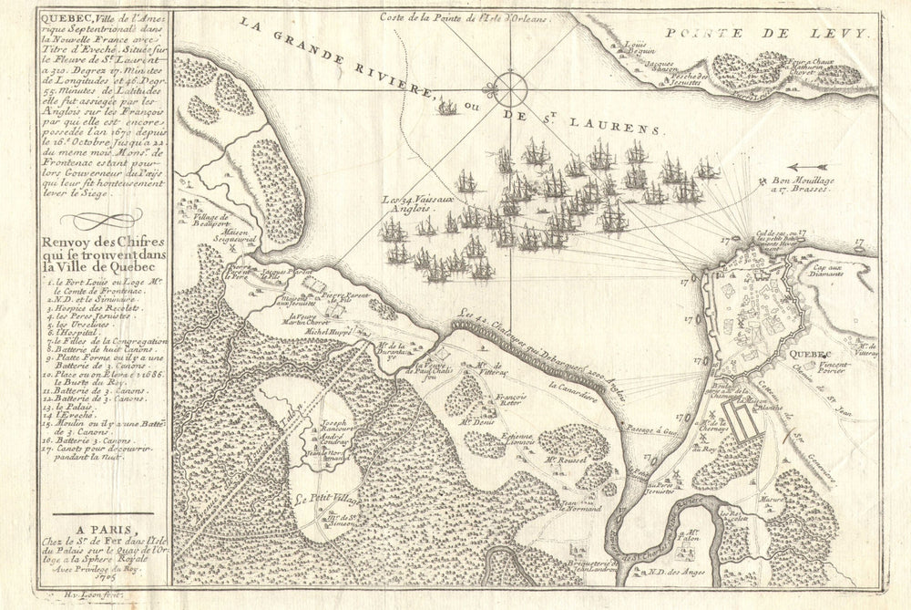 Battle of Quebec (1690). Quebec City & St. Lawrence River. DE FER 1705 old map