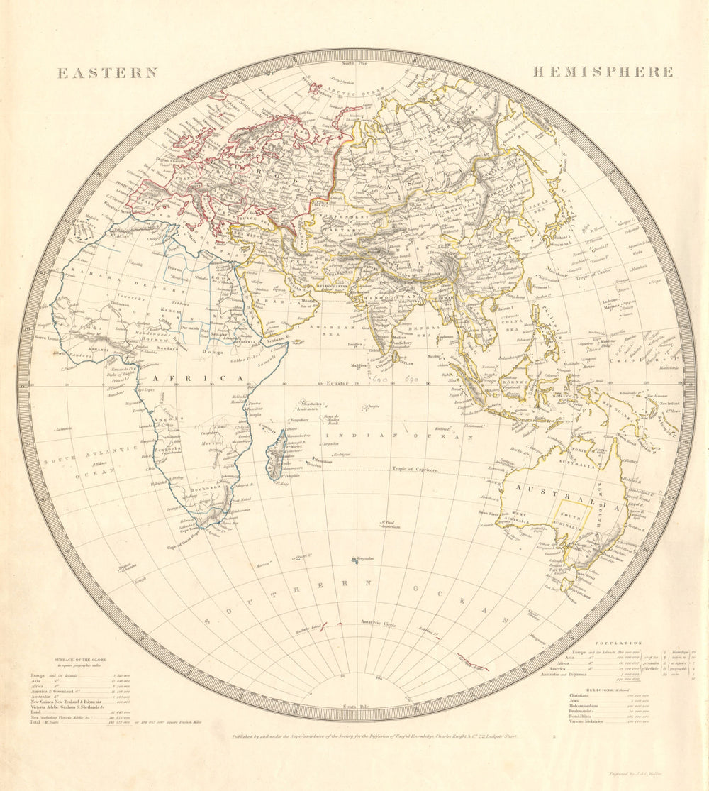 EASTERN HEMISPHERE. Europe Africa Asia Australia. Antarctic. SDUK 1845 old map